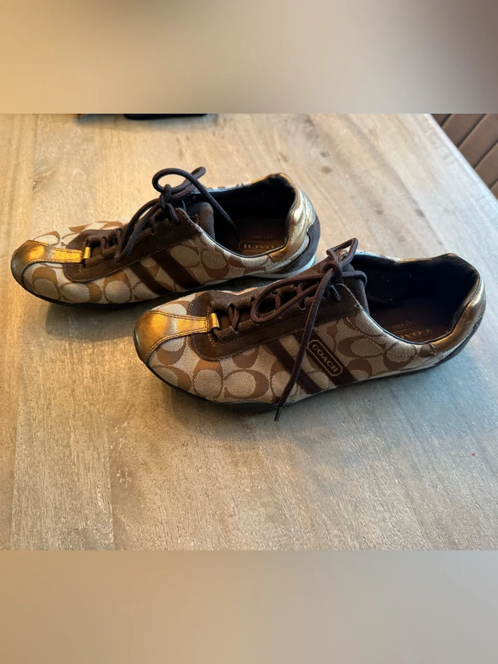 Coach Kids Brown and Gold Signature Logo Sneakers